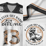 ChaoticClub If I Ever Get Rabies Mesh Jersey, vintage streetwear athletic jersey featuring a raccoon graphic, leopard print shoulder accents, and "Bite Me" back design on breathable mesh fabric