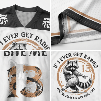 ChaoticClub If I Ever Get Rabies Mesh Jersey, vintage streetwear athletic jersey featuring a raccoon graphic, leopard print shoulder accents, and "Bite Me" back design on breathable mesh fabric