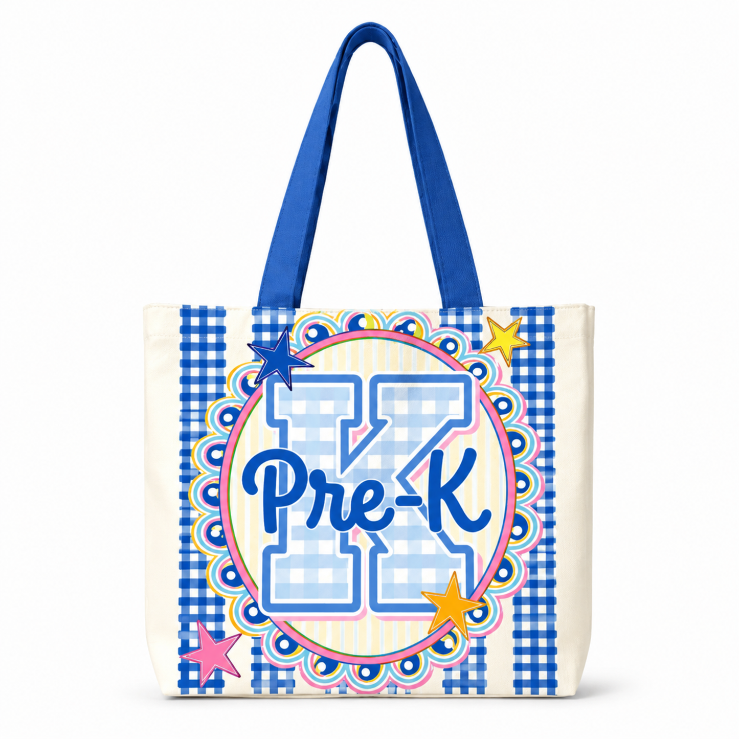 Preppy Teacher Apple Blue Gingham Stripes Tote Bag