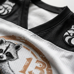 ChaoticClub If I Ever Get Rabies Mesh Jersey, vintage streetwear athletic jersey featuring a raccoon graphic, leopard print shoulder accents, and "Bite Me" back design on breathable mesh fabric