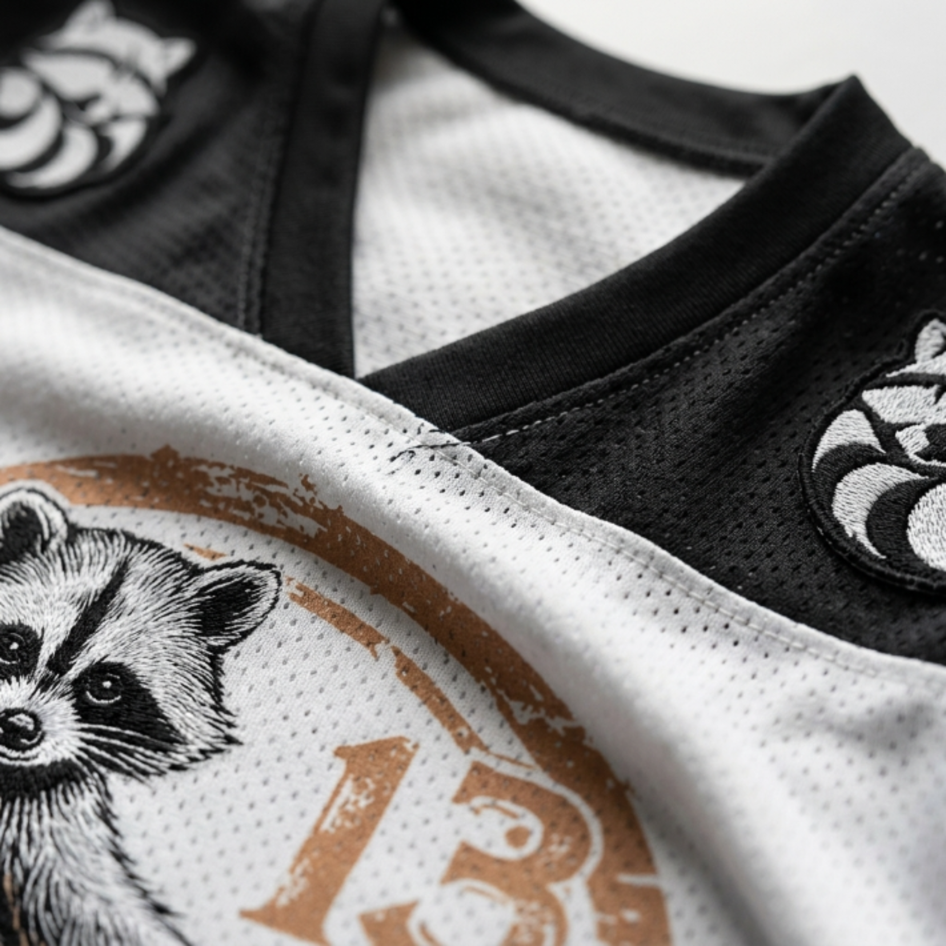ChaoticClub If I Ever Get Rabies Mesh Jersey, vintage streetwear athletic jersey featuring a raccoon graphic, leopard print shoulder accents, and "Bite Me" back design on breathable mesh fabric