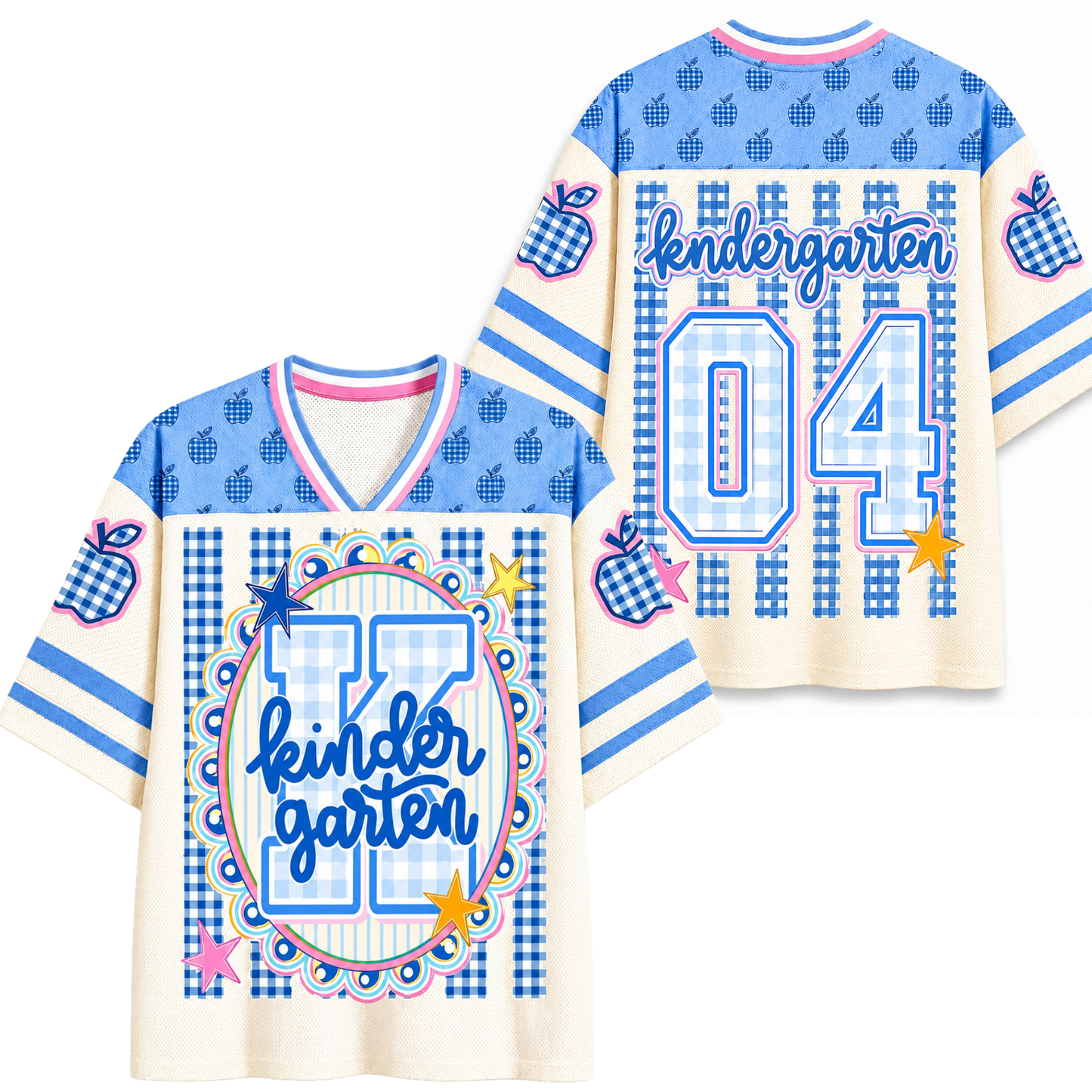 ChaoticClub Preppy Teacher Apple Blue Gingham Stripes Mesh Jersey