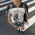 ChaoticClub If I Ever Get Rabies Mesh Jersey, vintage streetwear athletic jersey featuring a raccoon graphic, leopard print shoulder accents, and "Bite Me" back design on breathable mesh fabric