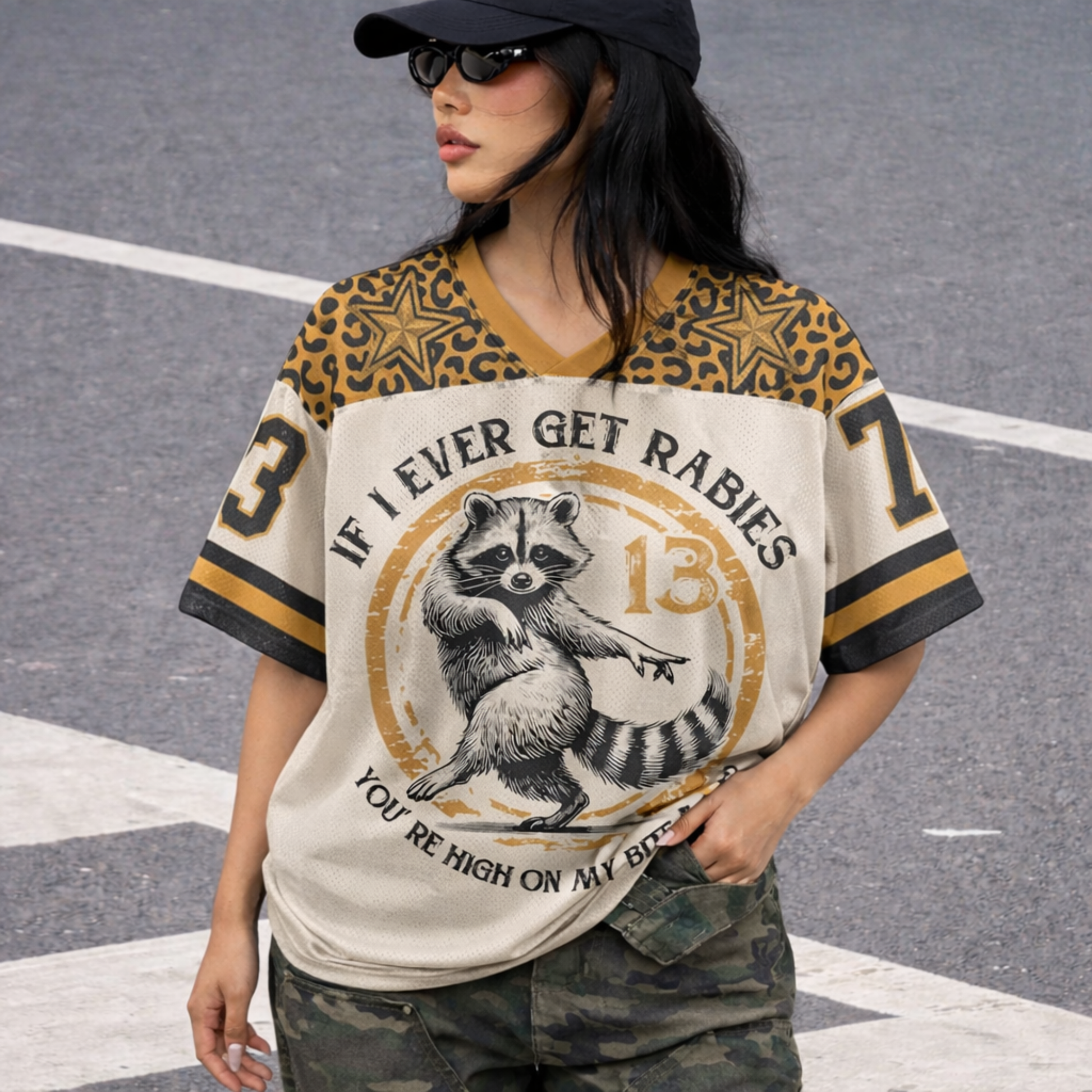 ChaoticClub If I Ever Get Rabies Mesh Jersey, vintage streetwear athletic jersey featuring a raccoon graphic, leopard print shoulder accents, and "Bite Me" back design on breathable mesh fabric