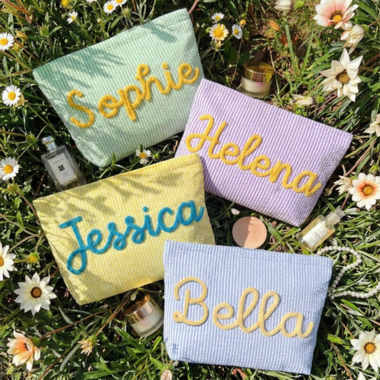 Personalized Embroidered Corduroy Vacation Travel Seersucker Makeup Bag