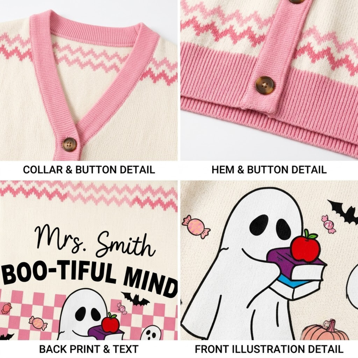 Chaotic Club Pink Bookish Ghost Vintage Halloween Teacher Cardigan