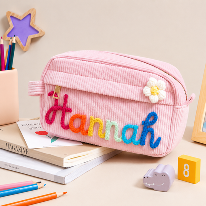 Personalized Embroidered Corduroy Pencil Case Custom Name Back to School Gift - Button & Collar Close Up