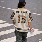 ChaoticClub If I Ever Get Rabies Mesh Jersey, vintage streetwear athletic jersey featuring a raccoon graphic, leopard print shoulder accents, and "Bite Me" back design on breathable mesh fabric