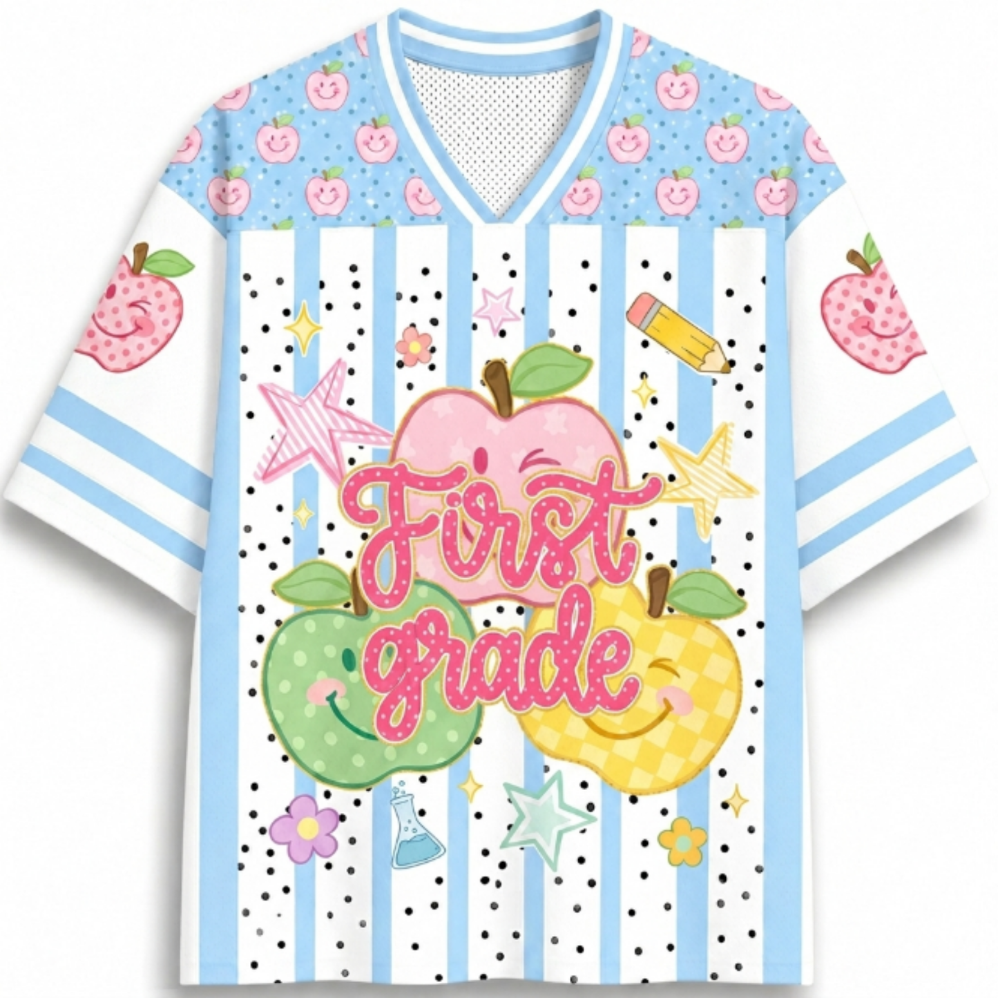 ChaoticClub Preppy Back to School Smiley Apple Mesh Jersey