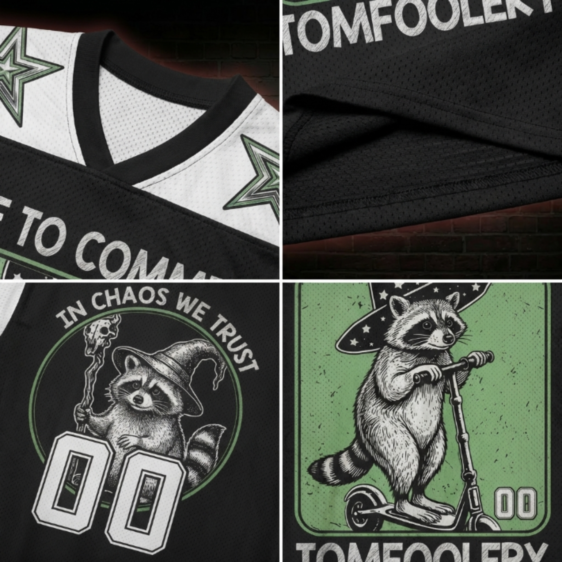 ChaoticClub Off To Commit Tomfoolery Raccoon Mesh Jersey, vintage streetwear athletic jersey featuring a wizard raccoon and "In Chaos We Trust" graphic on breathable black and green mesh fabric
