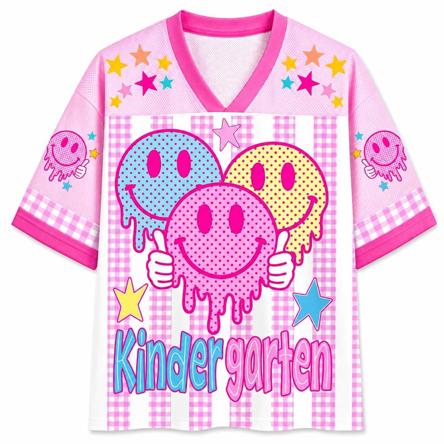 ChaoticClub Smiley Face Striped Back To School Pink Gingham Mesh Jersey