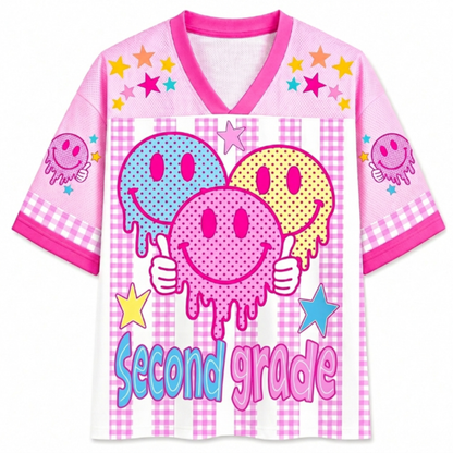ChaoticClub Smiley Face Striped Back To School Pink Gingham Mesh Jersey