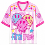 ChaoticClub Smiley Face Striped Back To School Pink Gingham Mesh Jersey