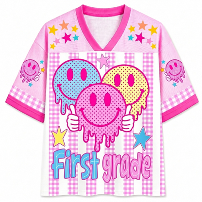 ChaoticClub Smiley Face Striped Back To School Pink Gingham Mesh Jersey