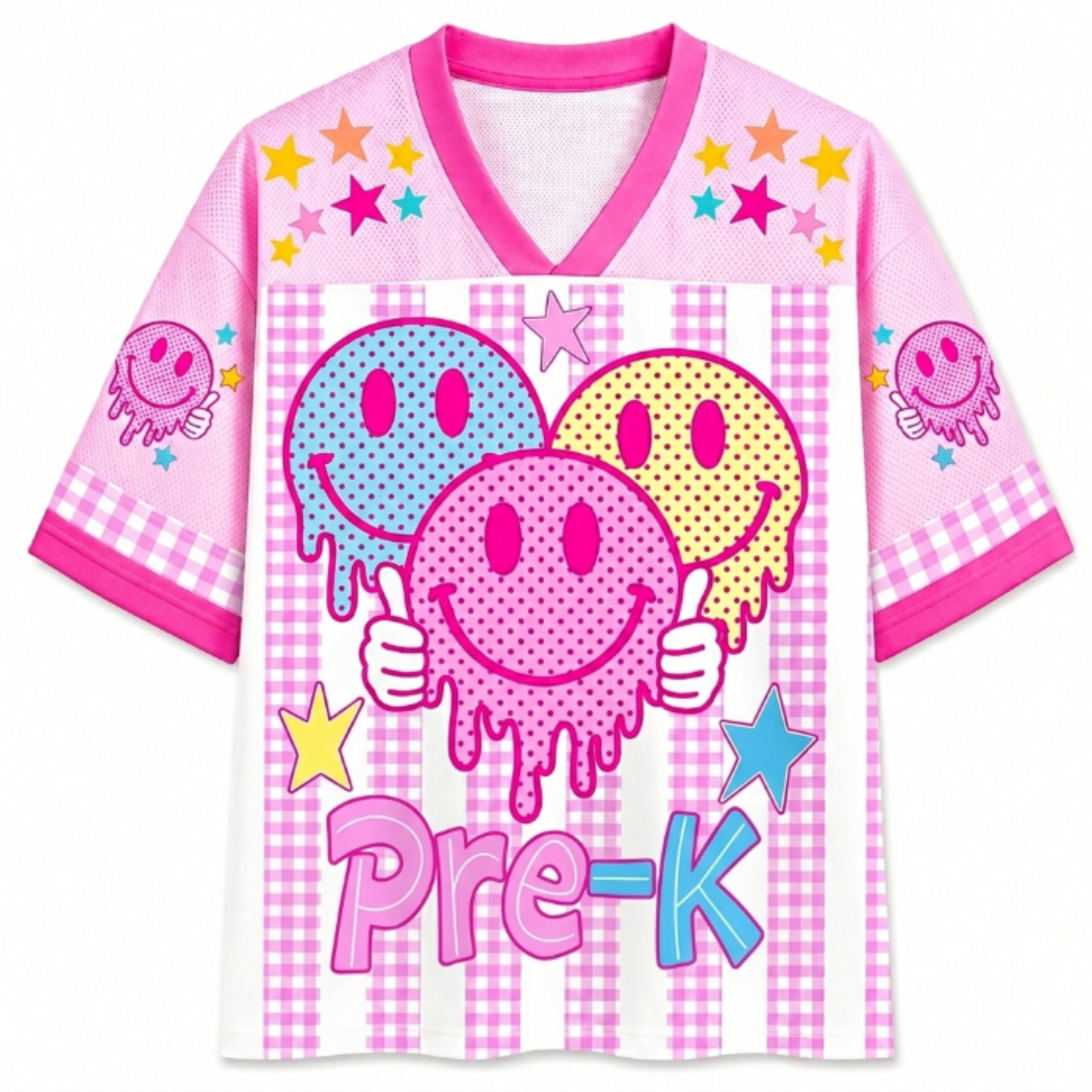 ChaoticClub Smiley Face Striped Back To School Pink Gingham Mesh Jersey