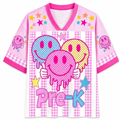 ChaoticClub Smiley Face Striped Back To School Pink Gingham Mesh Jersey