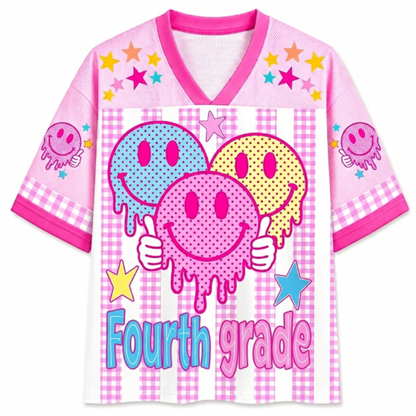 ChaoticClub Smiley Face Striped Back To School Pink Gingham Mesh Jersey