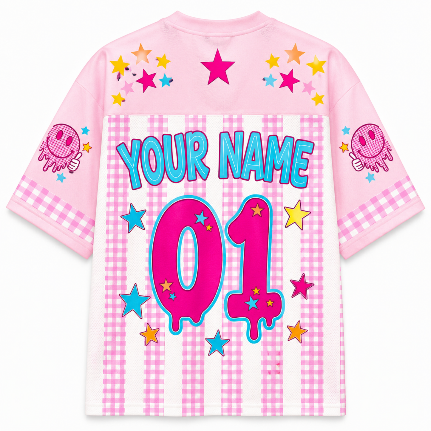 ChaoticClub Smiley Face Striped Back To School Pink Gingham Mesh Jersey