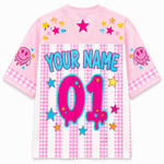 ChaoticClub Smiley Face Striped Back To School Pink Gingham Mesh Jersey