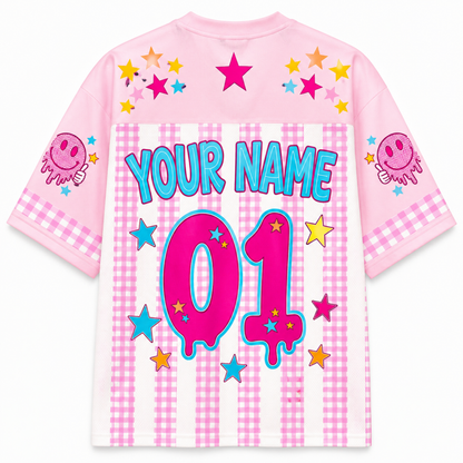 ChaoticClub Smiley Face Striped Back To School Pink Gingham Mesh Jersey