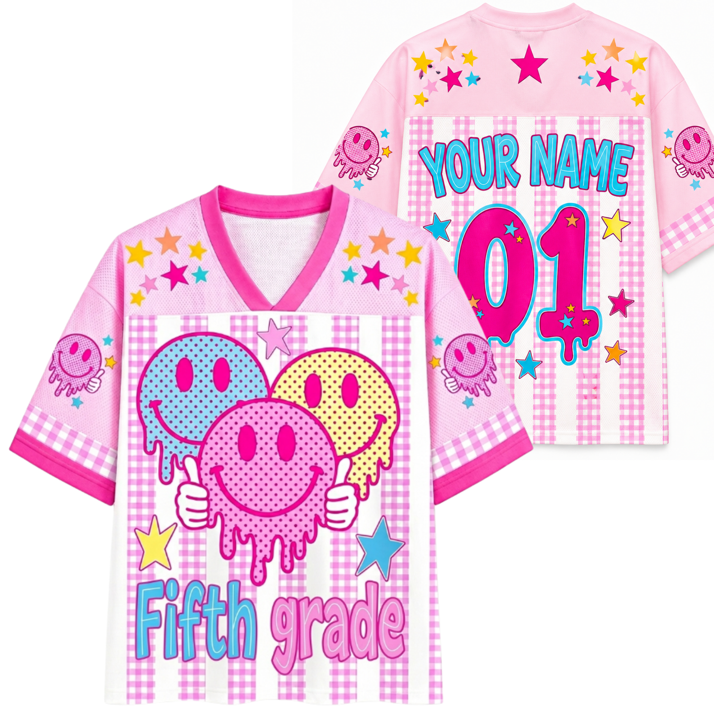 ChaoticClub Smiley Face Striped Back To School Pink Gingham Mesh Jersey