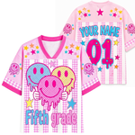 ChaoticClub Smiley Face Striped Back To School Pink Gingham Mesh Jersey