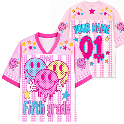 ChaoticClub Smiley Face Striped Back To School Pink Gingham Mesh Jersey