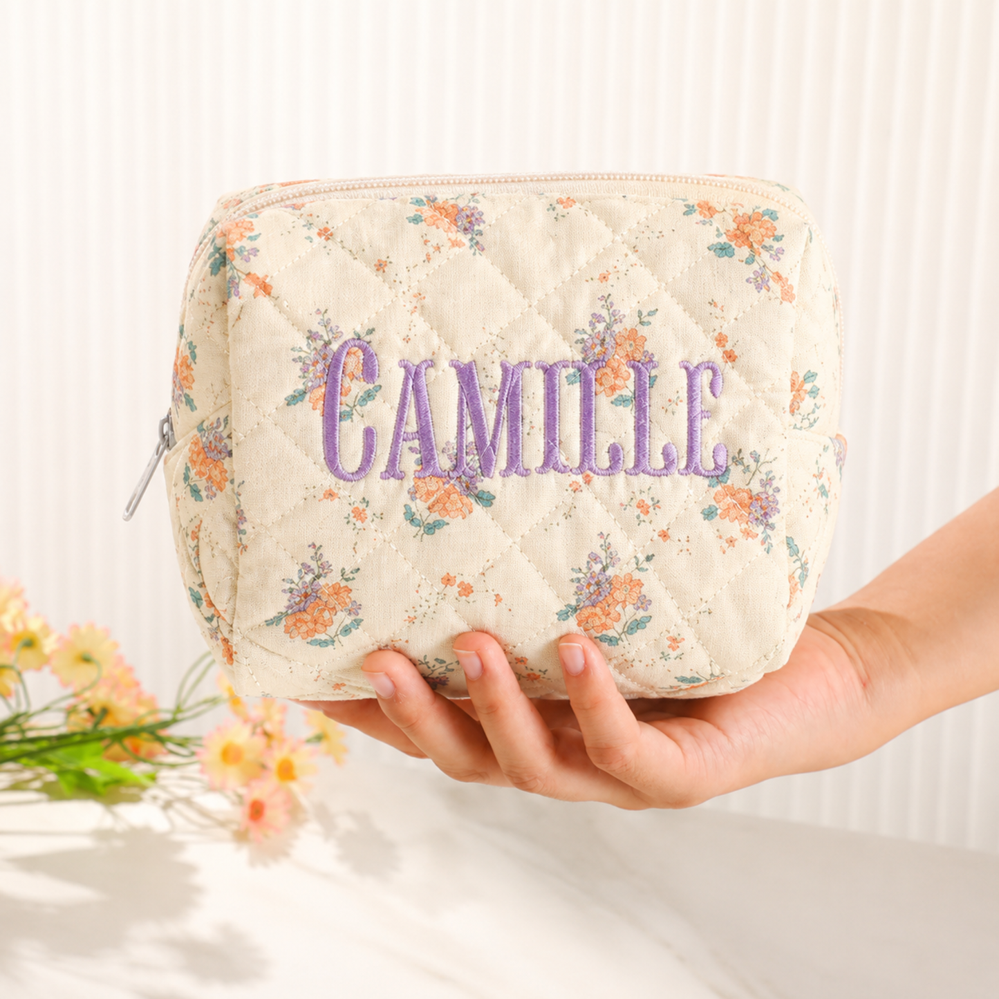 Personalized Embroidered Custom Makeup Bag Floral Bow