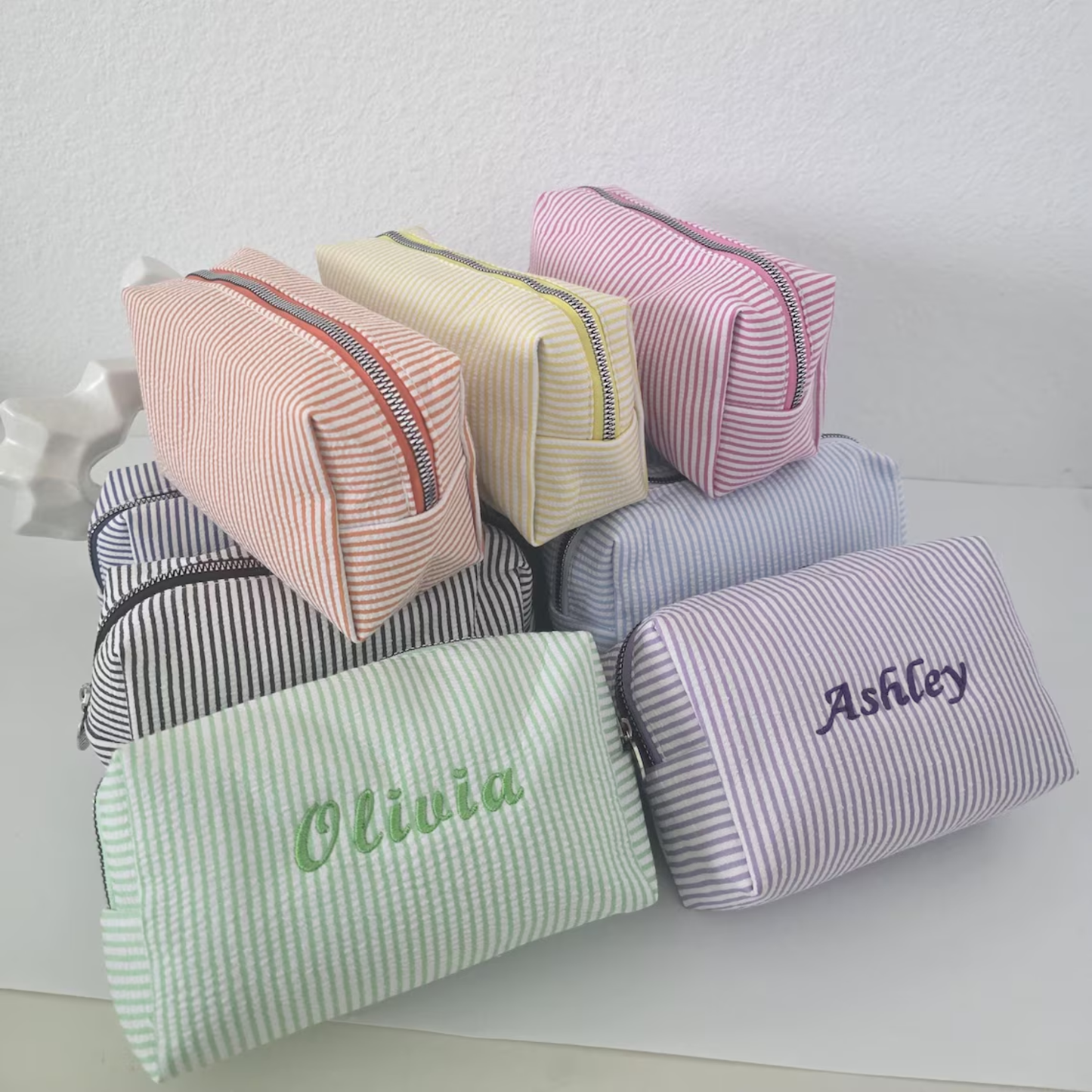 Personalized Embroidered Striped Seersucker Makeup Bag
