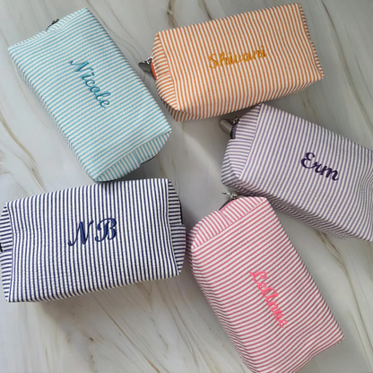 Personalized Embroidered Striped Seersucker Makeup Bag