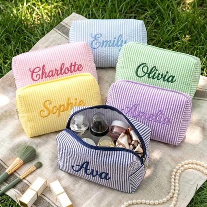 Personalized Embroidered Striped Seersucker Makeup Bag