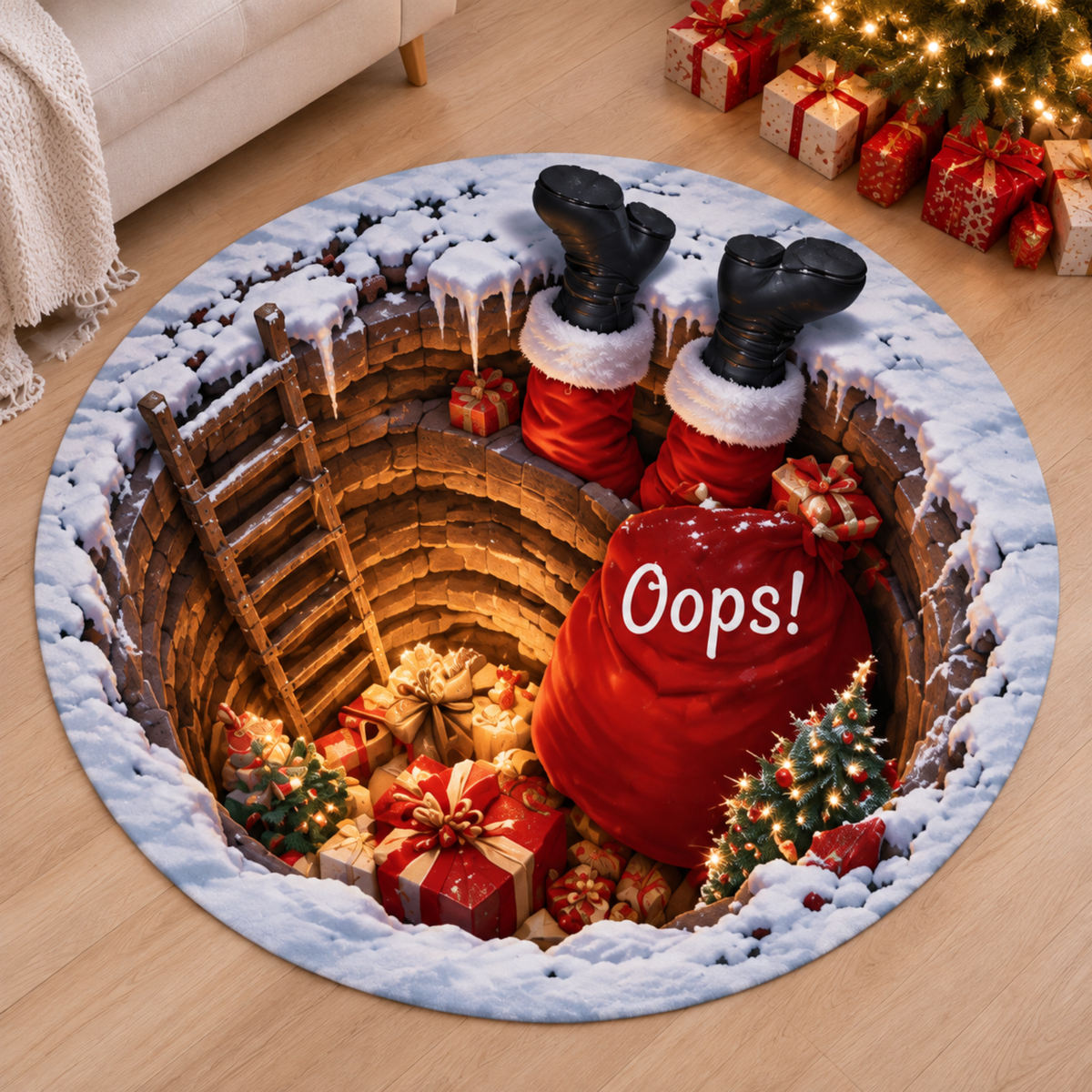 Chaotic Club Reaching Santa 3D Illusion Round Rug