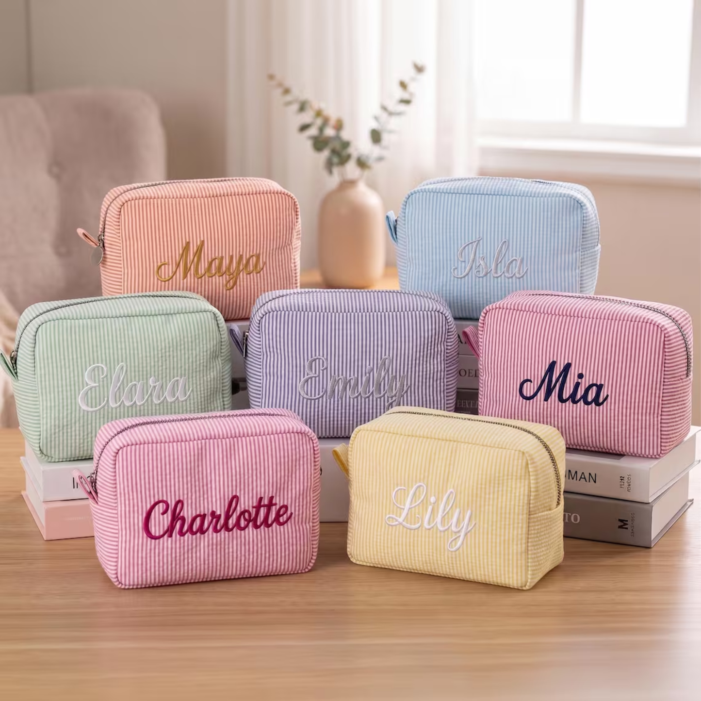 Personalized Embroidered Striped Seersucker Makeup Bag