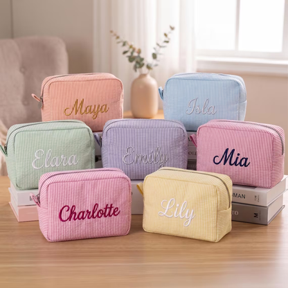 Personalized Embroidered Striped Seersucker Makeup Bag