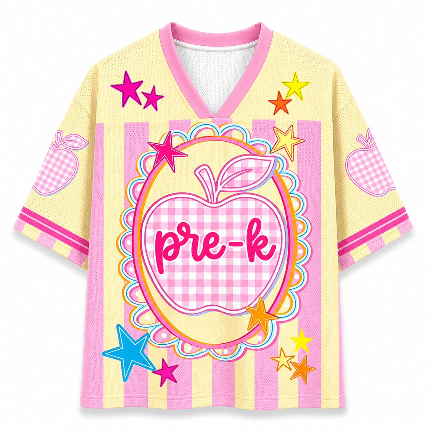 ChaoticClub Preppy Teacher Apple Pink Gingham Stripes Mesh Jersey
