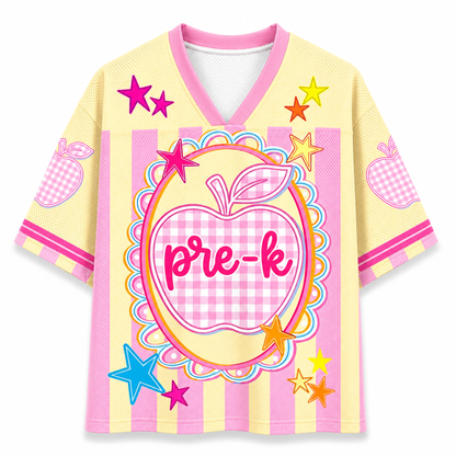 ChaoticClub Preppy Teacher Apple Pink Gingham Stripes Mesh Jersey