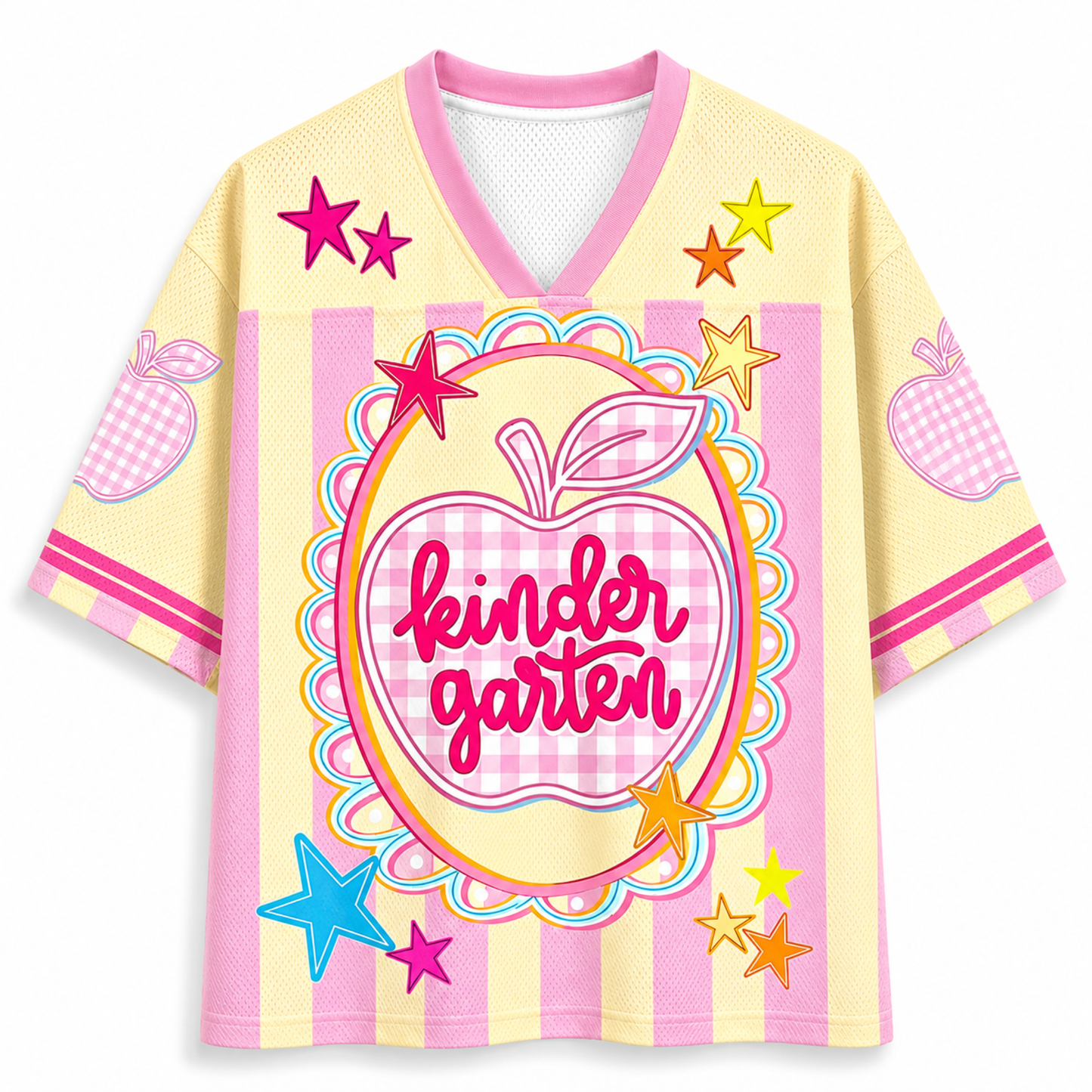 ChaoticClub Preppy Teacher Apple Pink Gingham Stripes Mesh Jersey