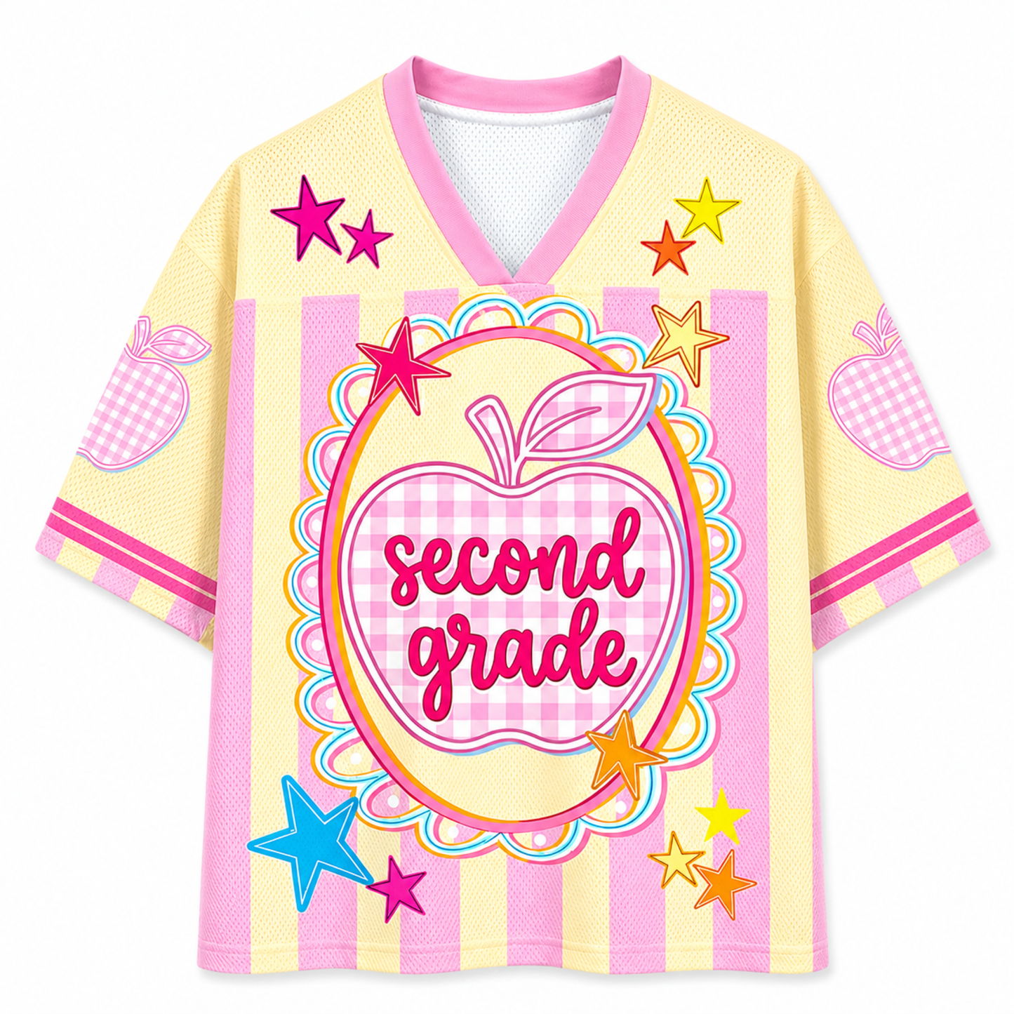 ChaoticClub Preppy Teacher Apple Pink Gingham Stripes Mesh Jersey