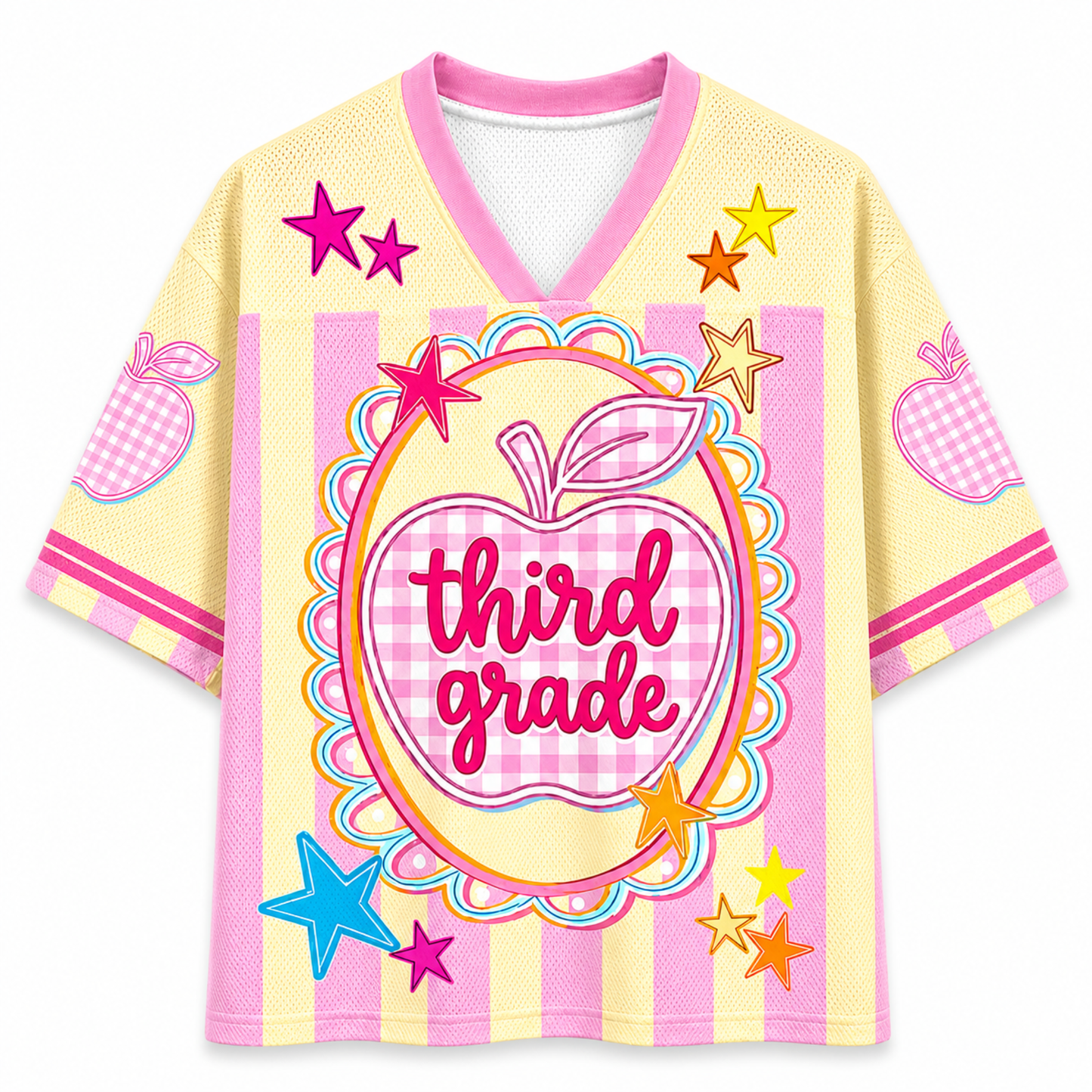 ChaoticClub Preppy Teacher Apple Pink Gingham Stripes Mesh Jersey
