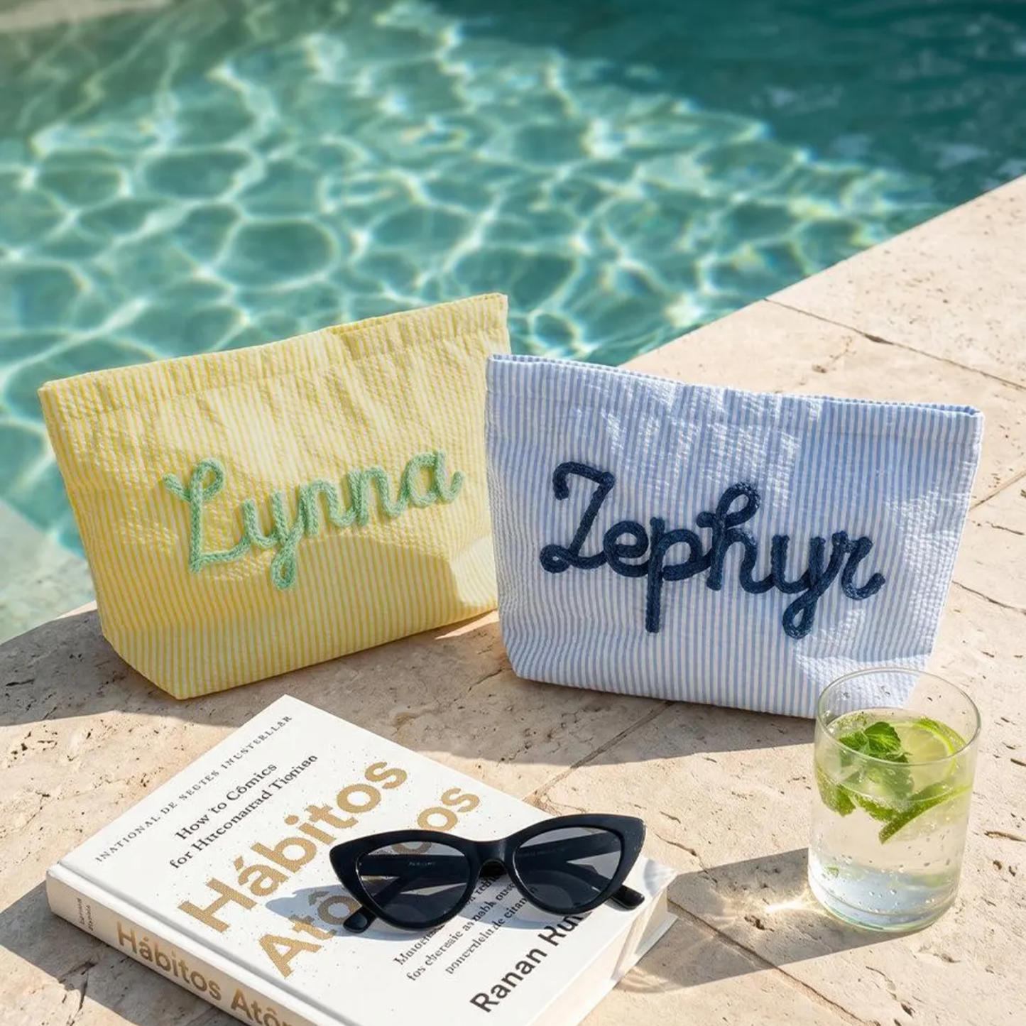 Personalized Embroidered Corduroy Vacation Travel Seersucker Makeup Bag