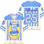 ChaoticClub Preppy Teacher Apple Blue Gingham Stripes Mesh Jersey - Vibrant Graphic Print