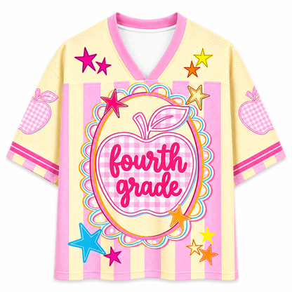 ChaoticClub Preppy Teacher Apple Pink Gingham Stripes Mesh Jersey