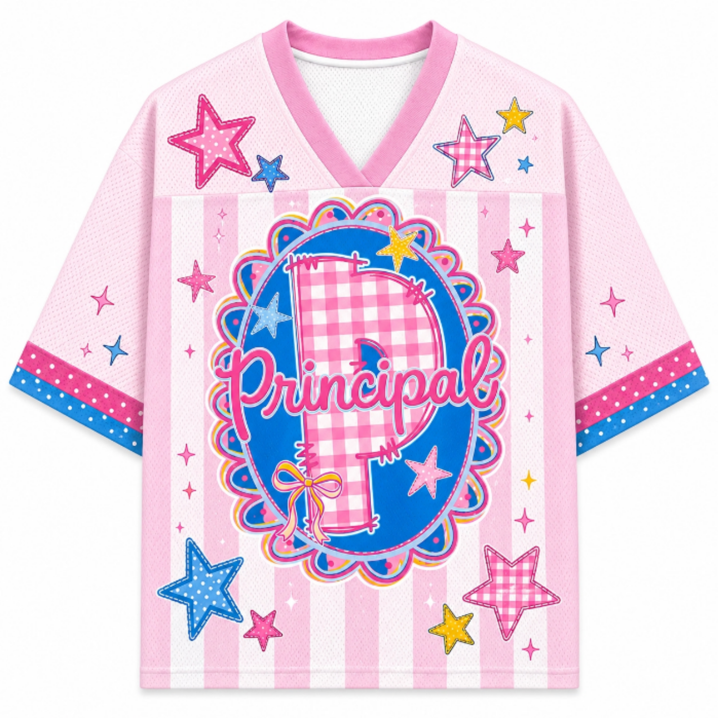 ChaoticClub Preppy Teacher Monogram Stripes Mesh Jersey in pink, featuring a blue center graphic with a pink gingham letter P, the word Principal, and colorful star patterns.