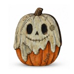 A decorative jack-o'-lantern Halloween decoration with a stitched cream-colored ghost face layered over an orange pumpkin body, shown on a plain white background.