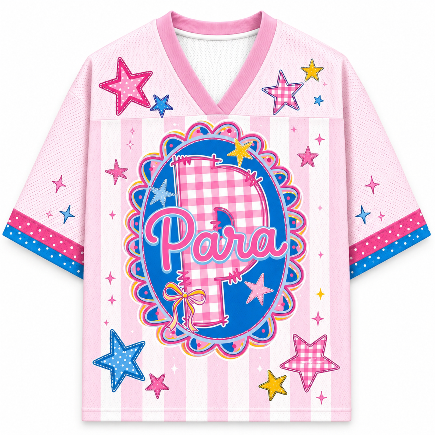ChaoticClub Preppy Teacher Monogram Stripes Mesh Jersey in pink, featuring a blue center graphic with a pink gingham letter P, the word Para, and colorful star patterns.