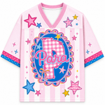 ChaoticClub Preppy Teacher Monogram Stripes Mesh Jersey in pink, featuring a blue center graphic with a pink gingham letter P, the word Para, and colorful star patterns.