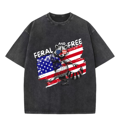 Chaoticclub Feral And Free Raccoon 4th Of July Washed T-Shirt