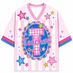 ChaoticClub Preppy Teacher Monogram Stripes Mesh Jersey in pink, featuring a blue center graphic with a pink gingham letter T, the word Teacher, and colorful star patterns.
