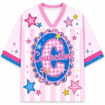 ChaoticClub Preppy Teacher Monogram Stripes Mesh Jersey in pink, featuring a blue center graphic with a pink gingham letter C, the word Councilor, and colorful star patterns.