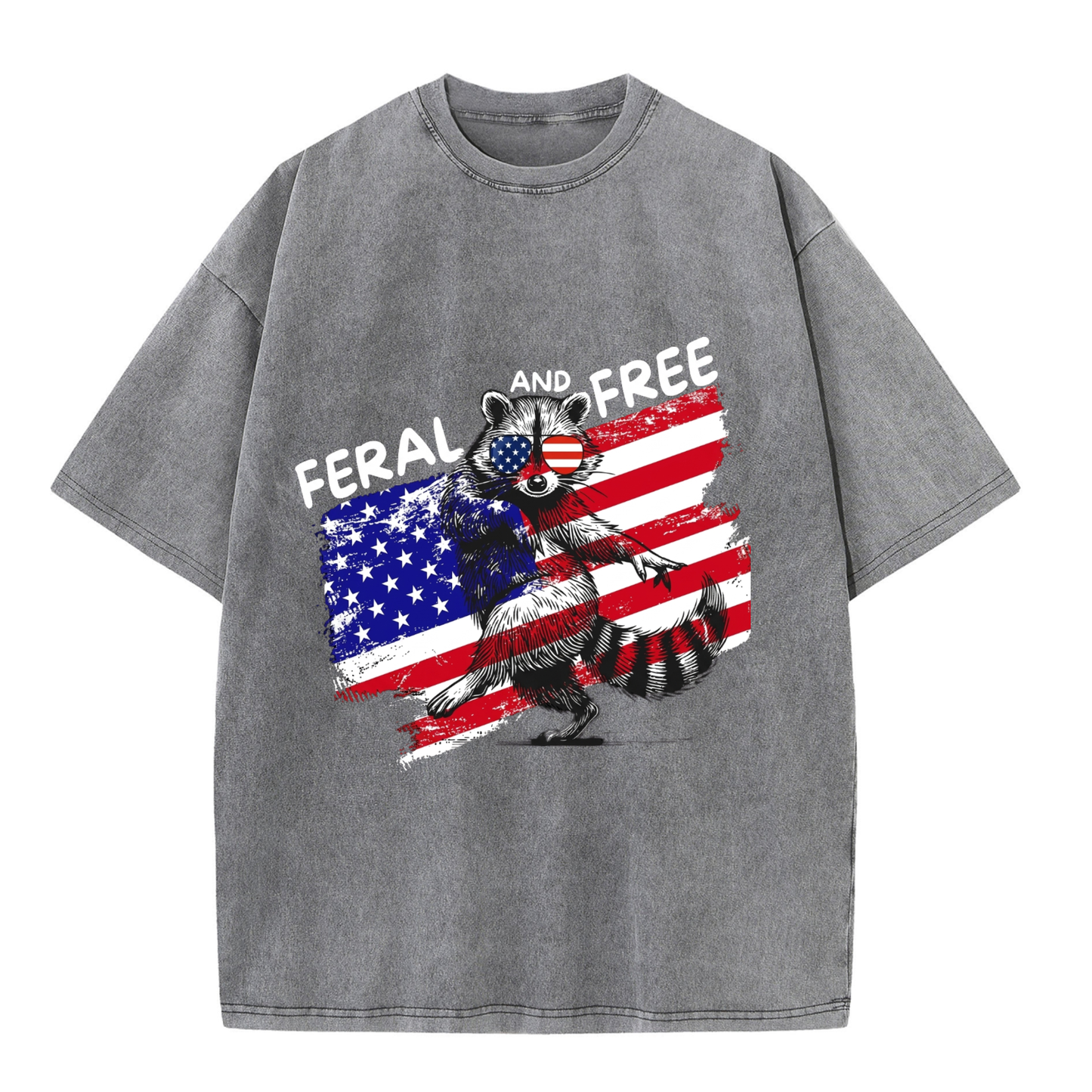 Chaoticclub Feral And Free Raccoon 4th Of July Washed T-Shirt